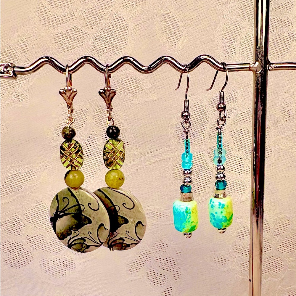 Earrings Pierced Handcrafted Unique Green Butterfly Bead & Turquoise Crystal